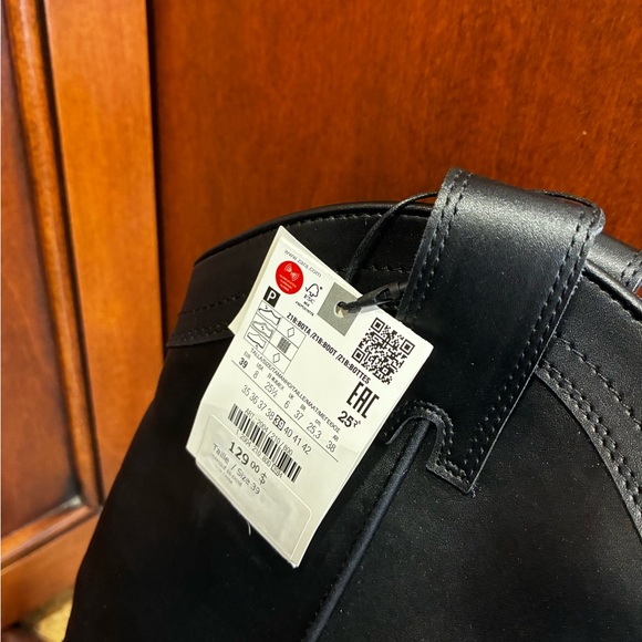 NWT ZARA Black Faux Leather Cowboy Calf Boots Metal Toe Cap - Picture 8 of 9